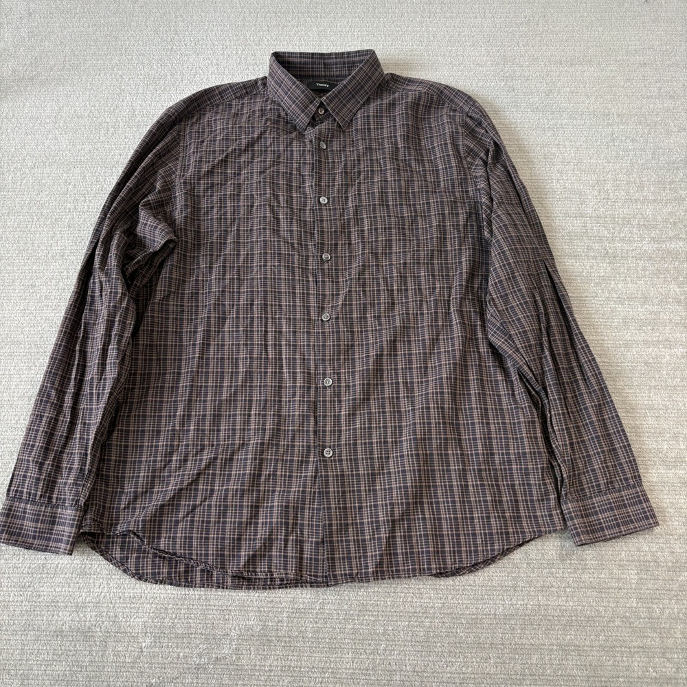 Theory Button Up Shirt Men XL Irving Arch‎ Flanella Brown Office Casual Cotton